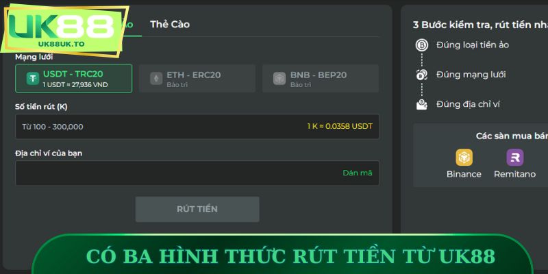 Có ba hình thức rút tiền từ trang chủ trực tuyến UK88